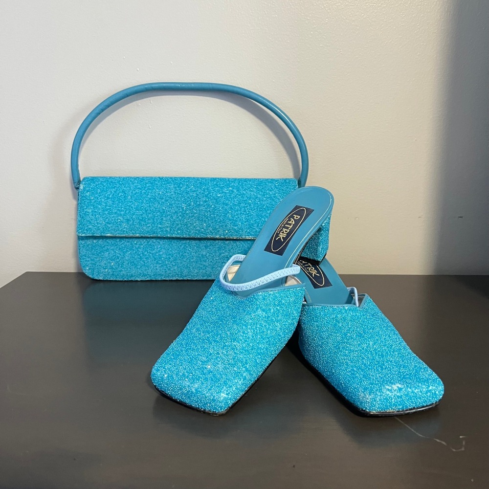 Patrik Italy Vintage Turquoise Beaded Mules and Matching Baguette Bag Set Sz 39